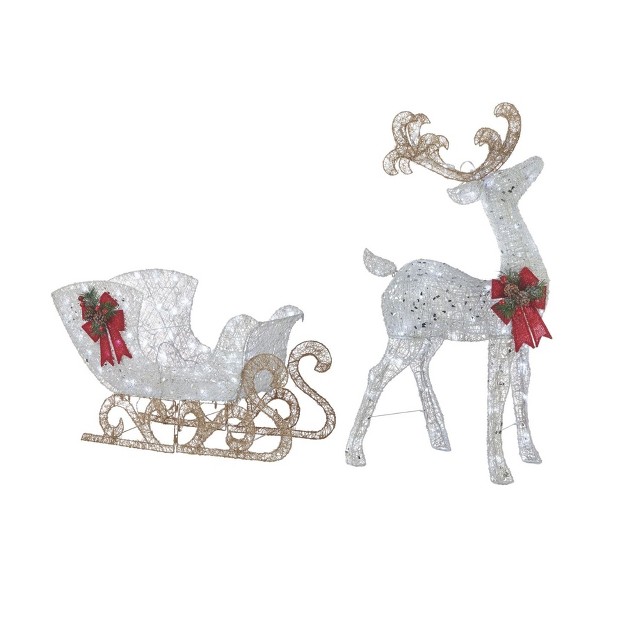 Noma Pre Lit Pure White Led Light Up 2 Piece Reindeer And Sleigh Indoor And Outdoor Holiday Lawn Decoration Set