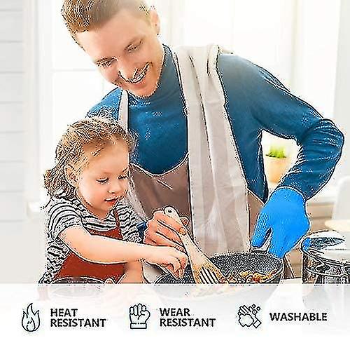 1 Pair Blue Heat Resistant Gloves Blue Oven Gloves Heat Resistant With Fingers Oven Mitts Kitchen Pot Holders Cotton Gloves Kitchen Gloves Double Oven