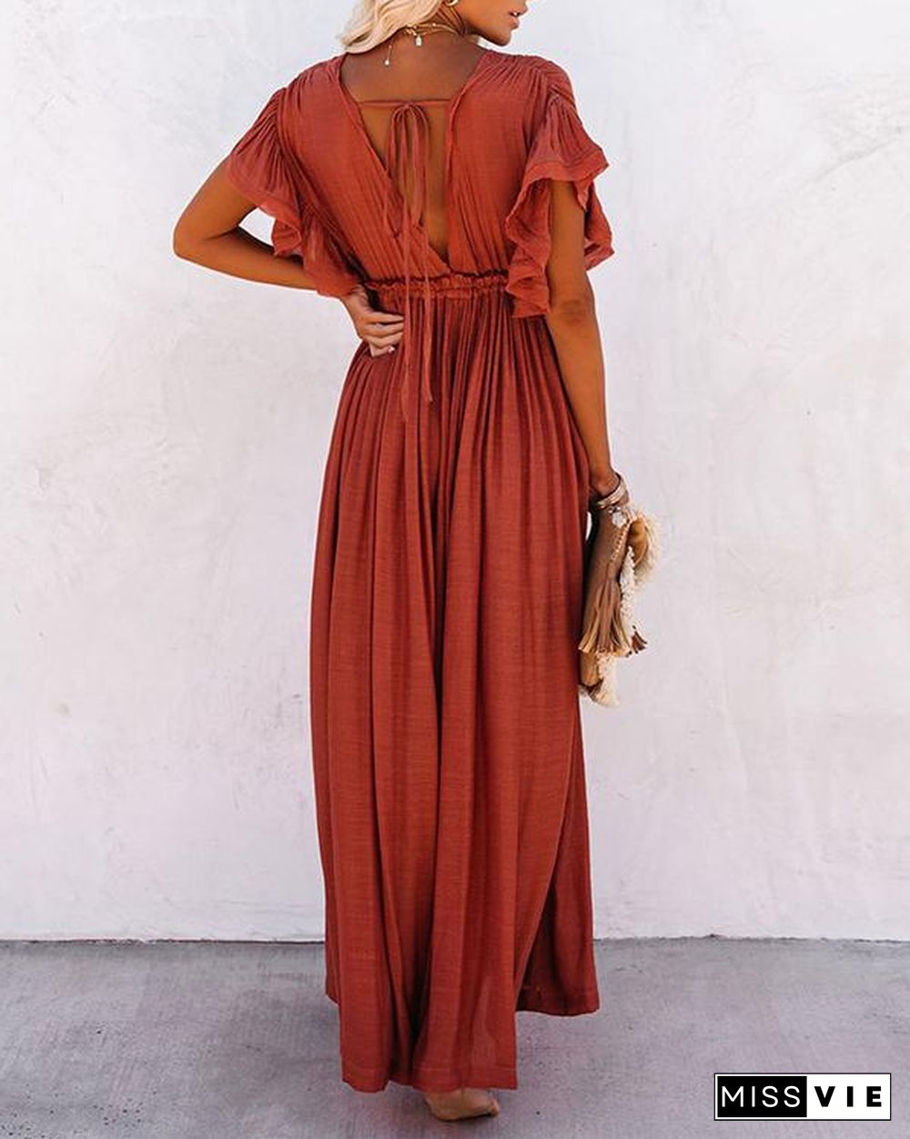 Women Long Maxi Dress Solid V neck Ladies Holiday Dress