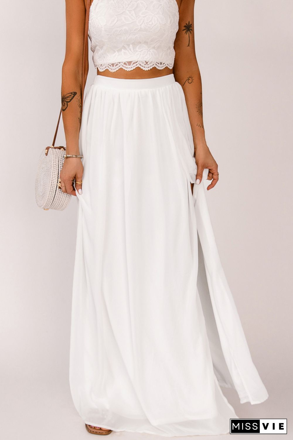 White High Waist Maxi Skirt with Split