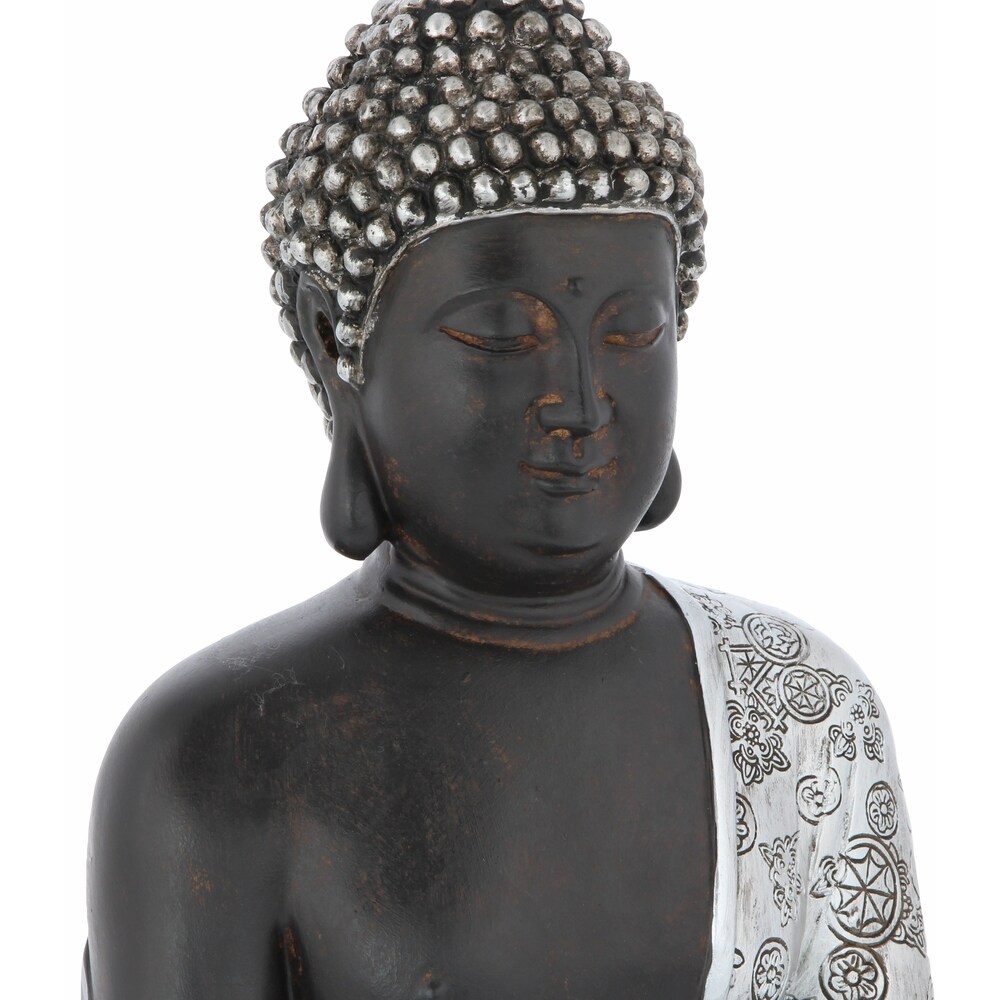 Silver Polystone Bohemian Buddha Sculpture with Engraved Carvings and Relief Detailing   9 x 5 x 11