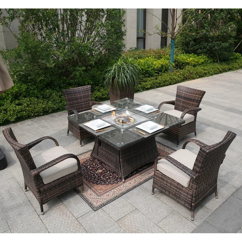 5 Piece Patio Square Fire Pit Table  Arm Chairs   Tropical   Outdoor Dining Sets   by Abrihome  Houzz