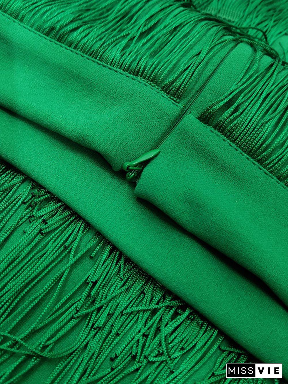 Green Fringe Bodycon Pencil Skirts Tassel High Waist Women Stretch Sheath Midi Length Ladies Slim Jupe Saias Faldas Big Size