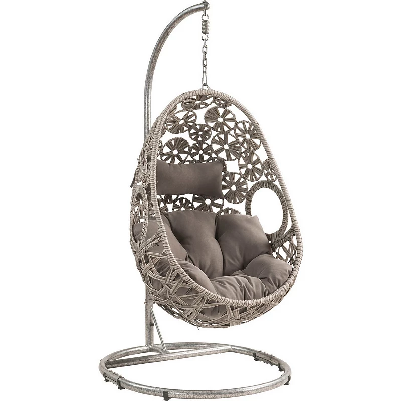 Patio Hanging Chair with Open Circular Motifs and Wicker Frame， Gray