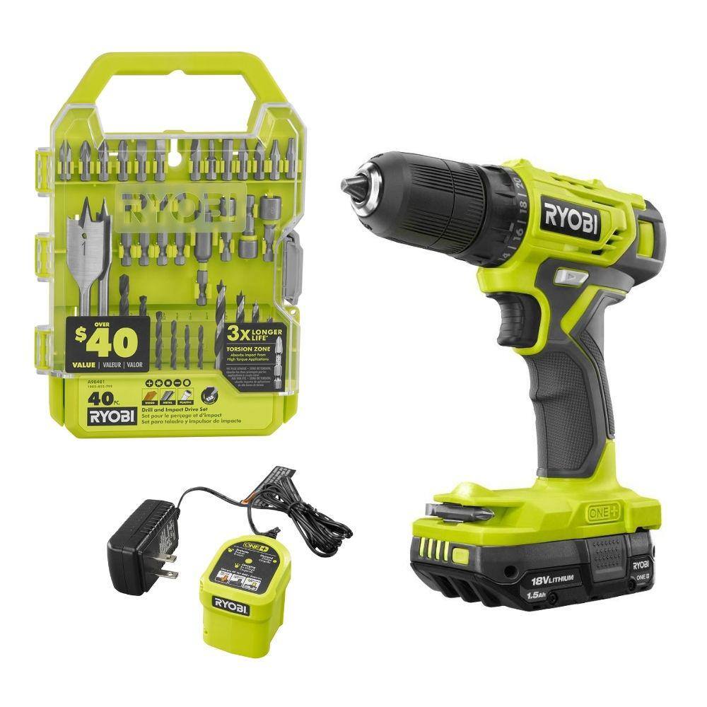 RYOBI ONE+ 18V Cordless 38 in. DrillDriver Kit with 1.5 Ah Battery Charger and Drill and Impact Drive Kit (40-Piece) PDD209K-A98401