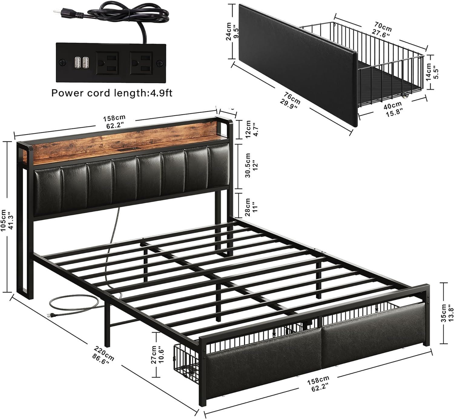 Platform Bed Frame with Storage Headboard, Charging Station, Drawers