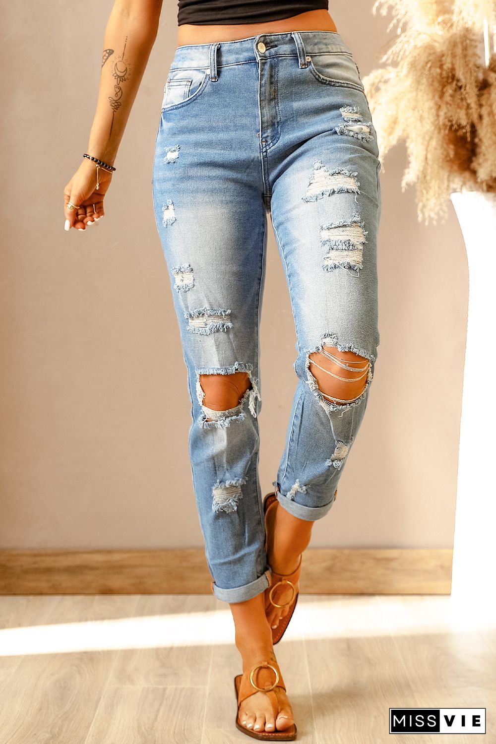 Light Blue Washed Ripped Straight Legs Jeans