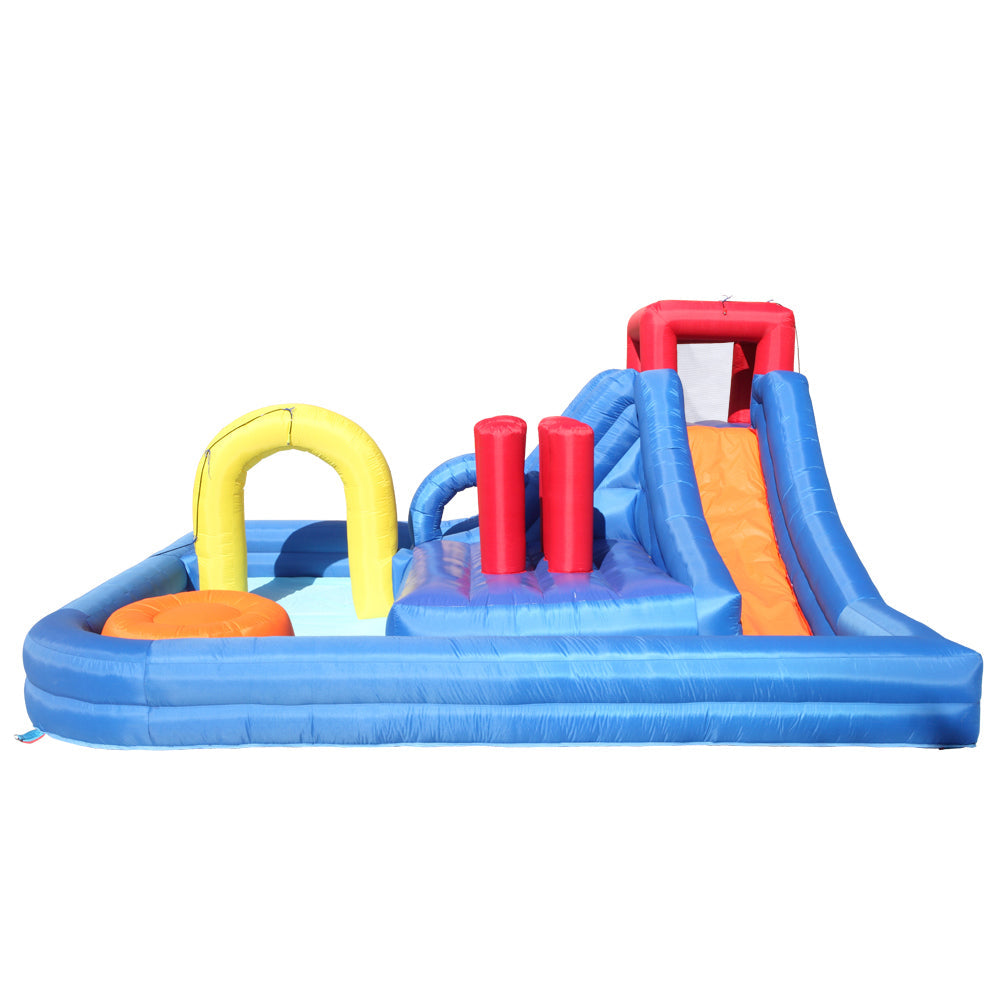 Summer Large Inflatable Bounce House Castle, Water Fun Slide Pool, 420D Oxford Cloth PVC Without Fan With Nozzle Arch-Dark Blue