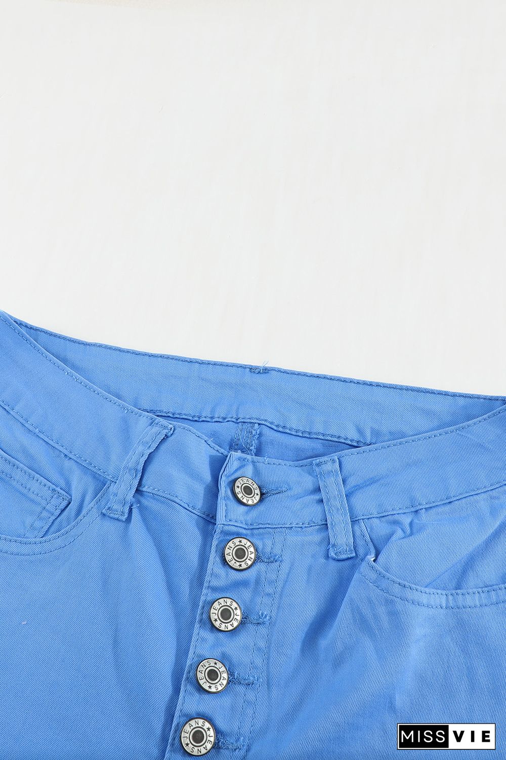 Sky Blue Plain High Waist Buttons Frayed Cropped Denim Jeans