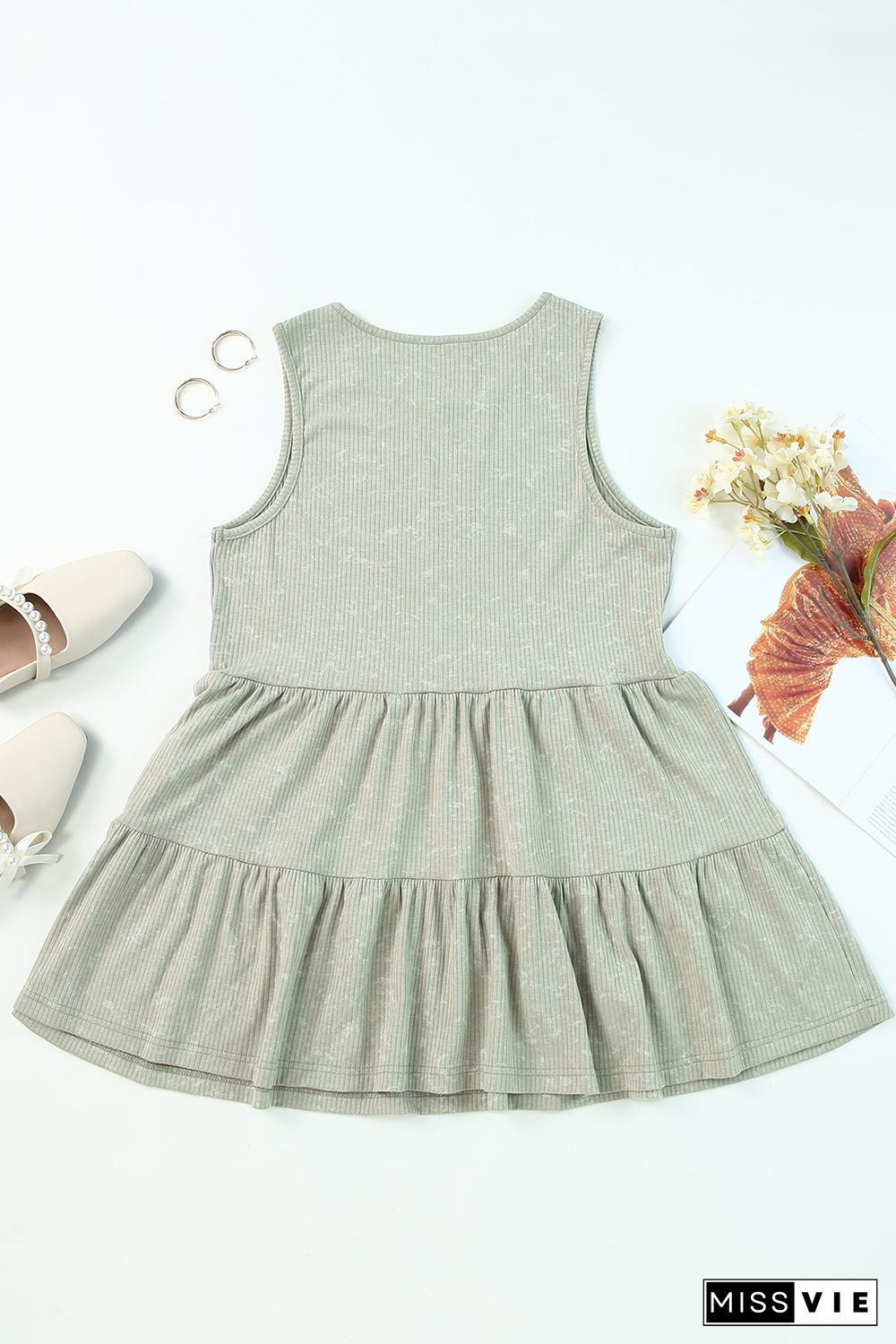 Green Ribbed Knit Sleeveless Tiered Ruffle Flowy Tank Top