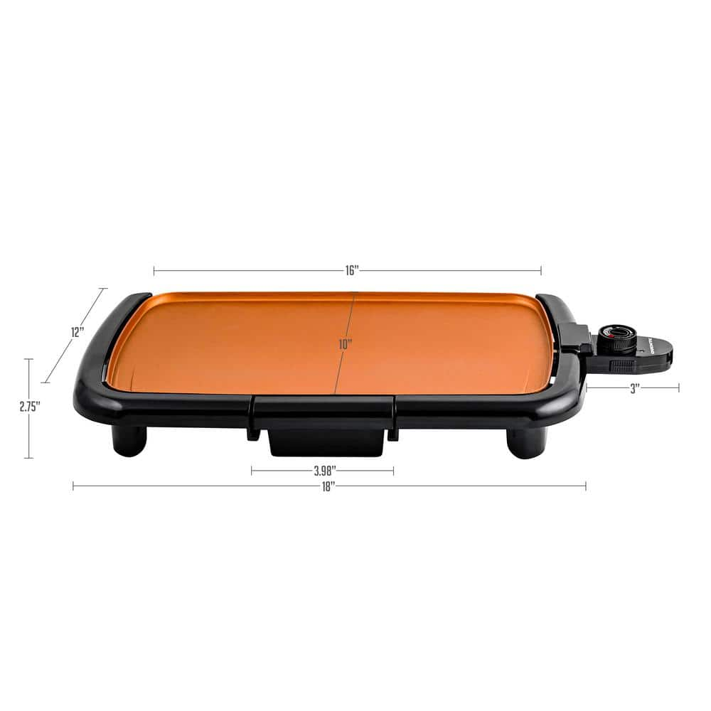 OVENTE 16 in. x 10 in. Electric Griddle Copper with Non-Stick Cast Iron Cooking Plate and Removable Drip Tray GD1610CO