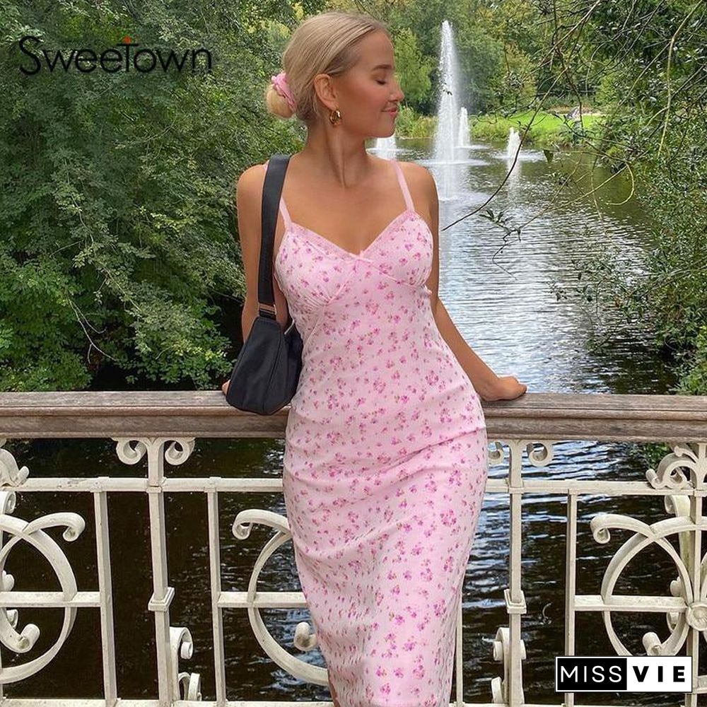 Sweetown Pink Floral Print Sexy Long Boho Dress Y2K Off Shoulder V Neck Lace Trim Women Bodycon Party Club Beach Dresses Summer