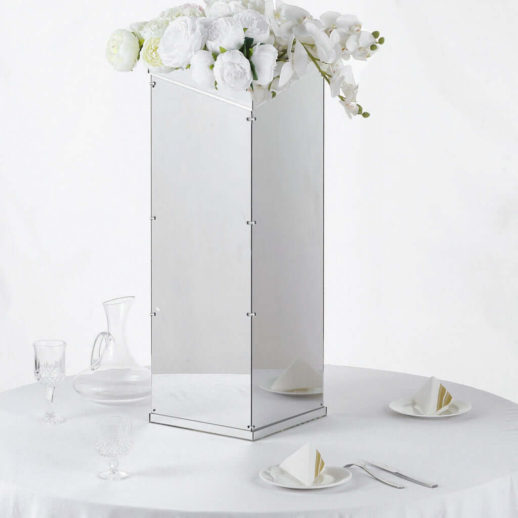 Silver Mirror Finish Acrylic Pedestal Riser, Display Box with Interchangeable Lid and Base 32