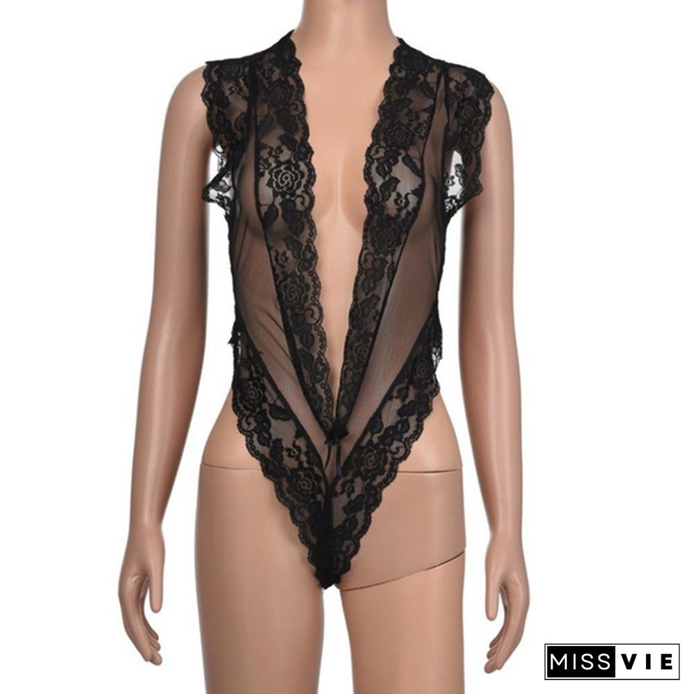 Fashion Solid Color Eyelash Lace Transparent Jumpsuit Women's Leotard V-neck Sleeveless Home Sexy Transparent Fun Jumpsuit