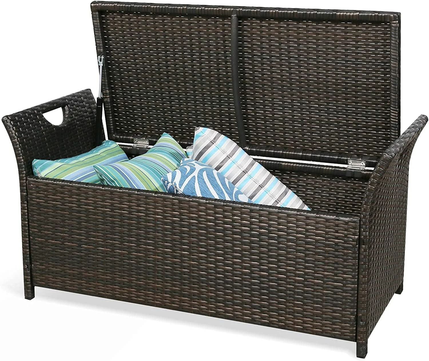 Patio Wicker Storage Bench Outdoor Rattan Deck Storage Box with Cushion