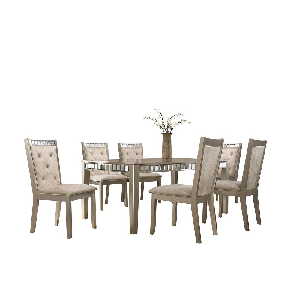 GTU Furniture Set for 6 Mirror Trim Rectangular Dining Table with Luxurious Button Chair in Grey/Silver or Champagne