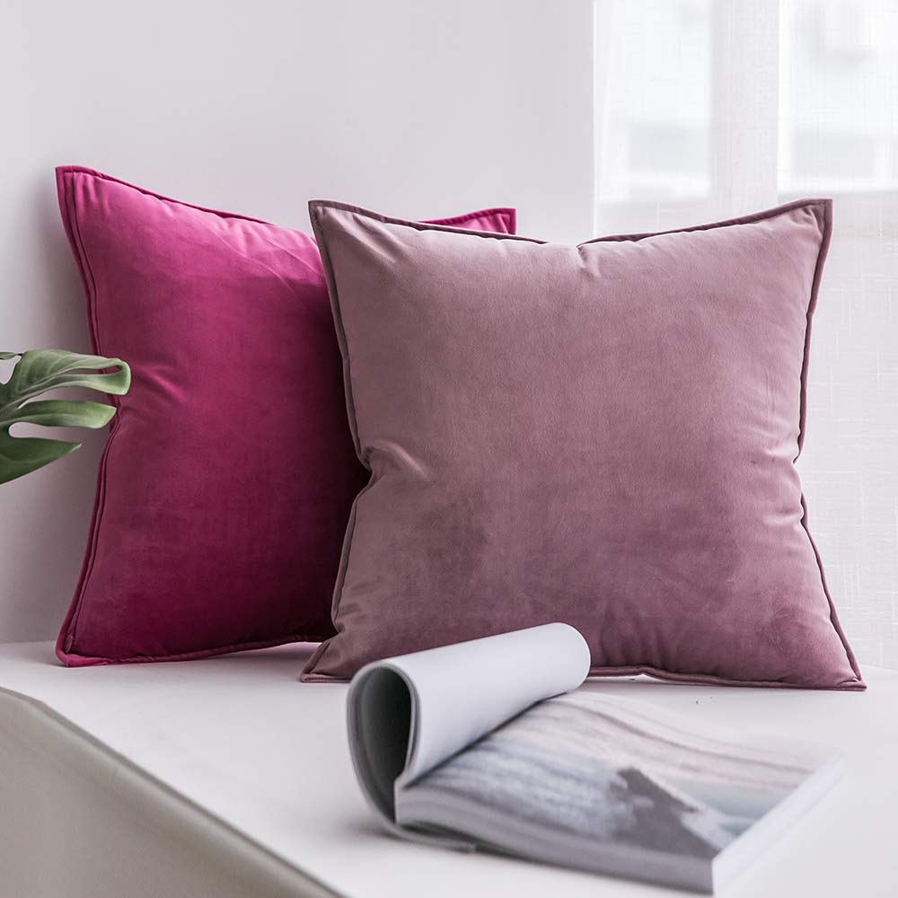 IMMEKEY 2 Pcs Velvet Throw Pillow Cover Soft Decorative Pillowcase Soild Square Cushion Case for Sofa Bedroom Car 16x16 Inch - Pink Purple