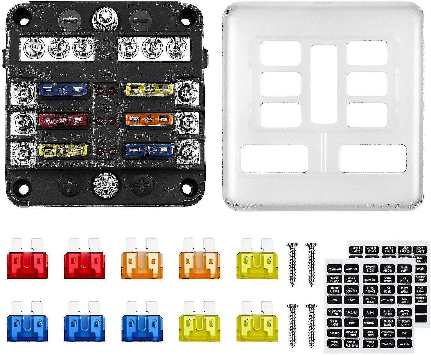 6 Way 12v Fuse Box 32v 100a Fuse Holder With 10 Fuses 6 Led Indicators Protective Cover + 2 Pcs Stic