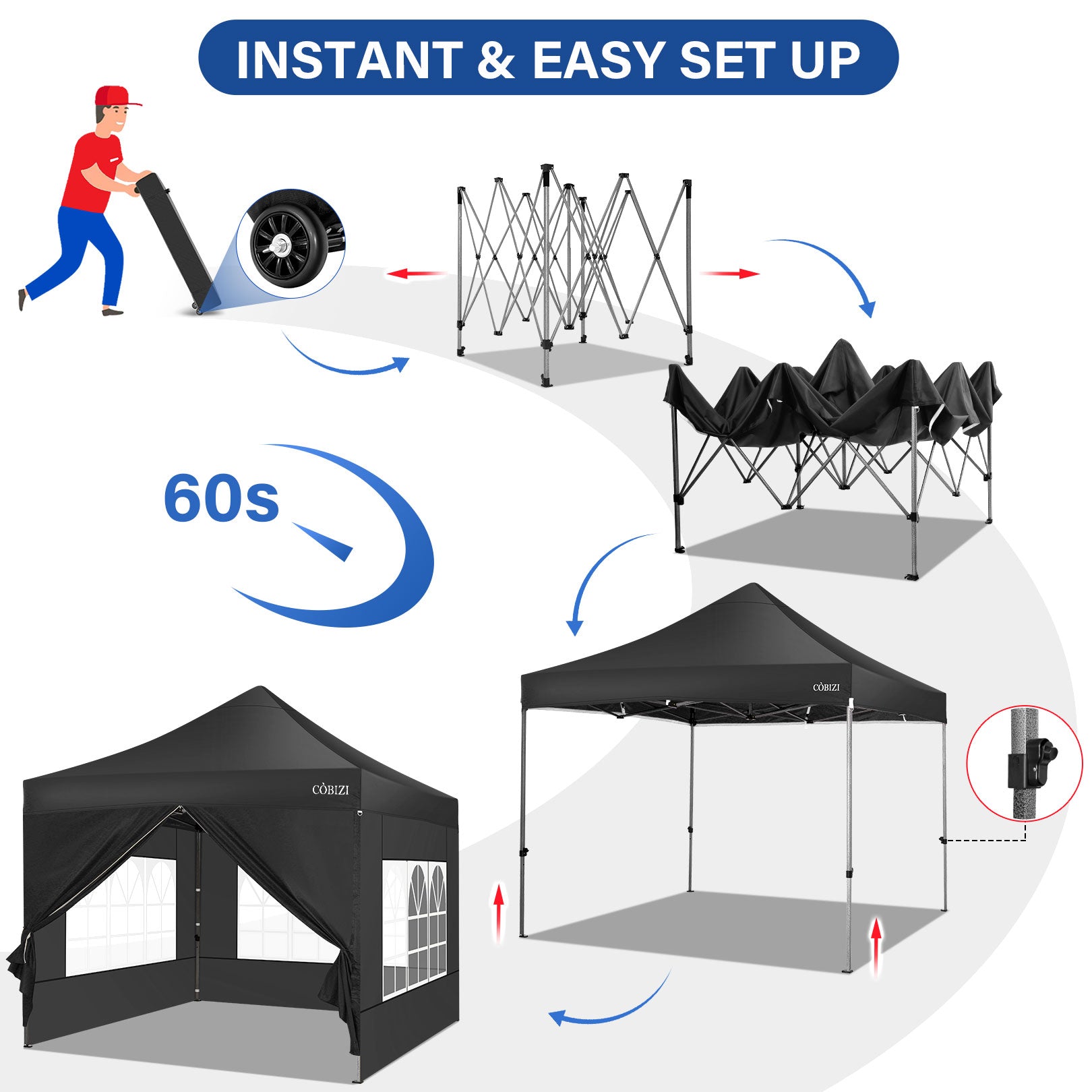 10 x 10ft Pop Up Canopy Tent Instant Outdoor Party Heavy Duty Canopy Straight Leg Commercial Gazebo Tent Shelter with 4 Removable Sidewalls, 4 Sand Bags, Roller Bag, Black