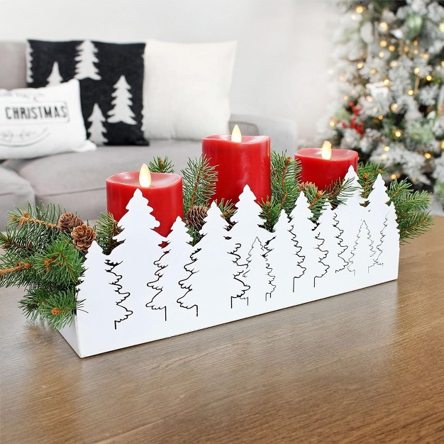 Auldhome Design White Christmas Tree Galvanized Tray Painted Farmhouse Decor Winter Metal Tray 16 X 4 X 6 Inches