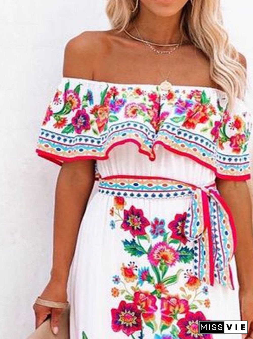 Off Shoulder Floral-Print Swing Cold Shoulder Dresses White Dresses