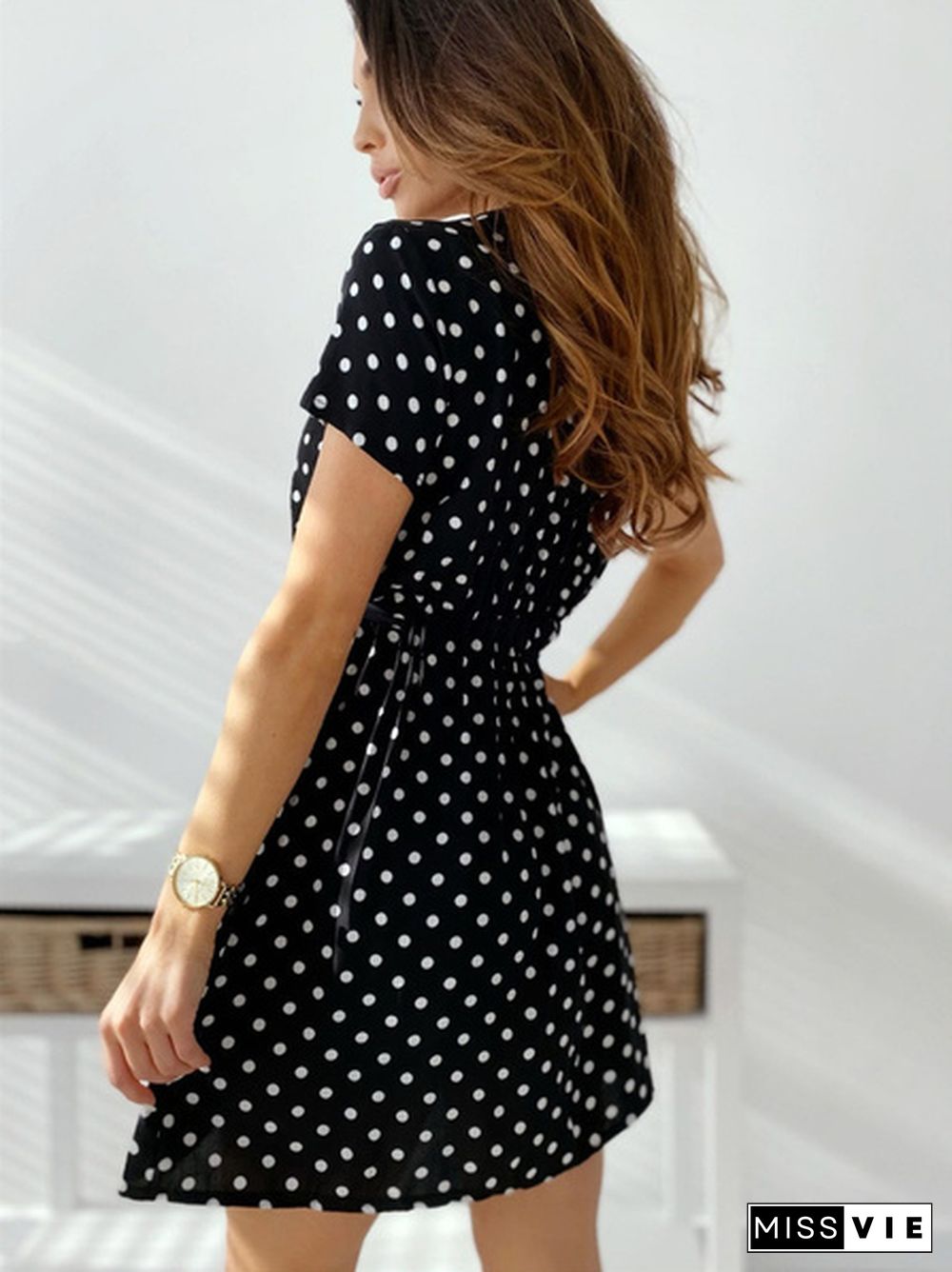 Summer V Neck Polka Dot Boho Dress Bohemian Women Beach Dress Fashion Short Sleeve Casual Mini Dress