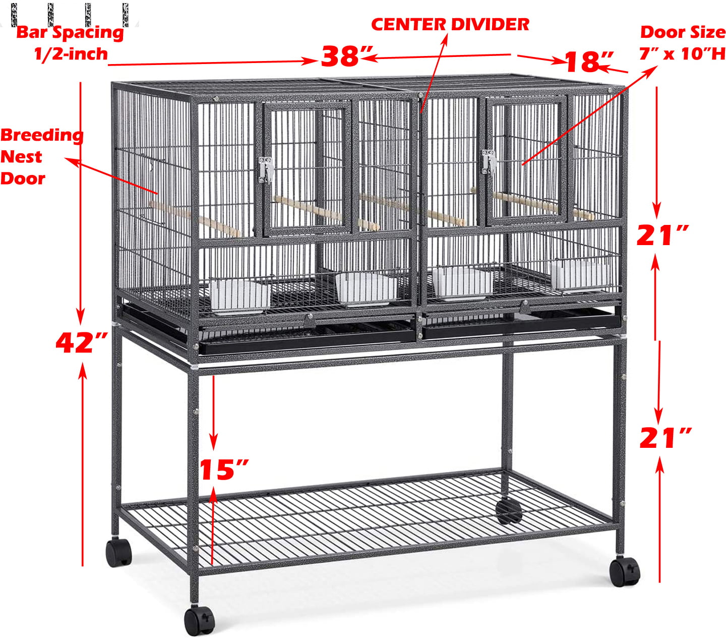 Stackable Bird Flight Breeder Cage Center Divider Side Nesting Box Doors Metal Bird Cage with Rolling Stand for Small Birds Lovebirds Finch Canaries Parakeets Cockatiels Budgies