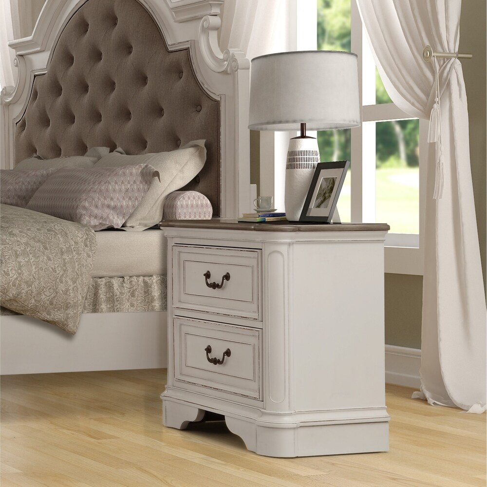 Roundhill Furniture Laval Antique White and Oak Wood 2 Drawer Nightstand