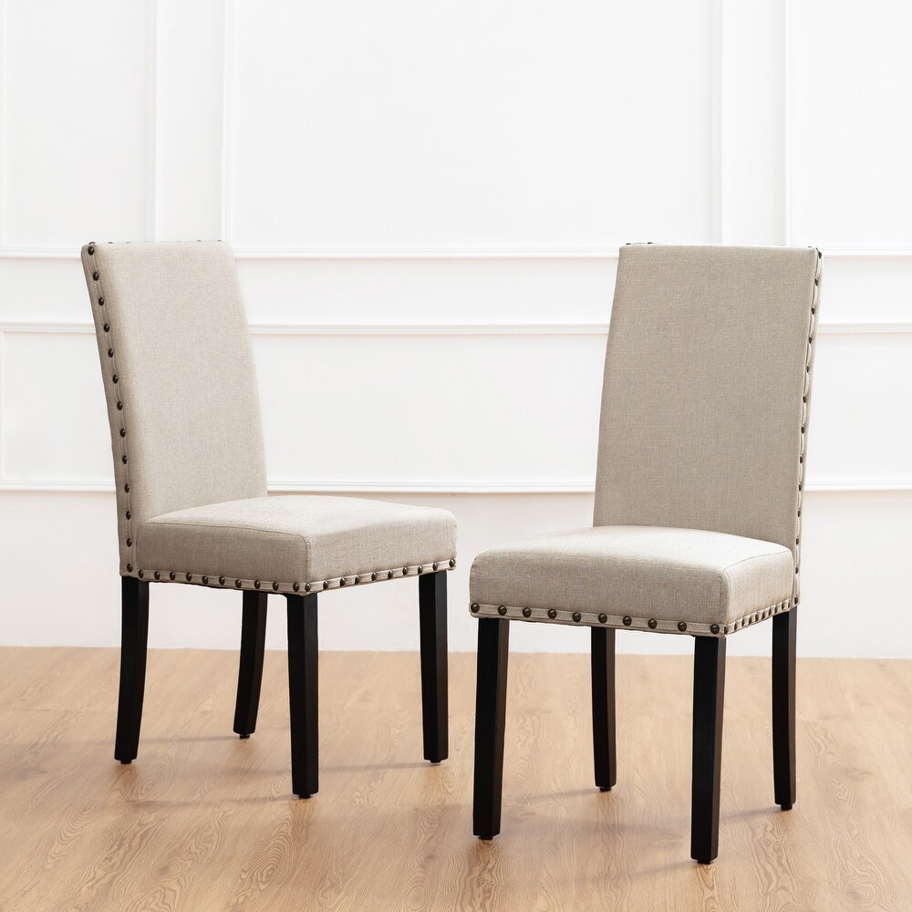 Glitzhome 38''H Set of 2 High Back Linen Fabric Studded Dining Chairs with Footpads