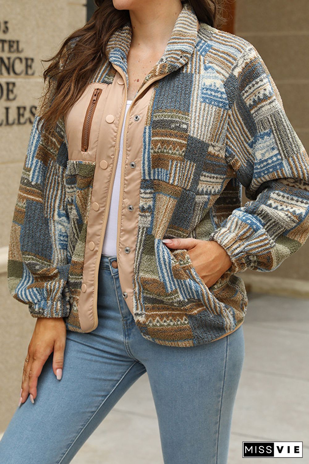 Aztec Print Open Button Fleece Jacket