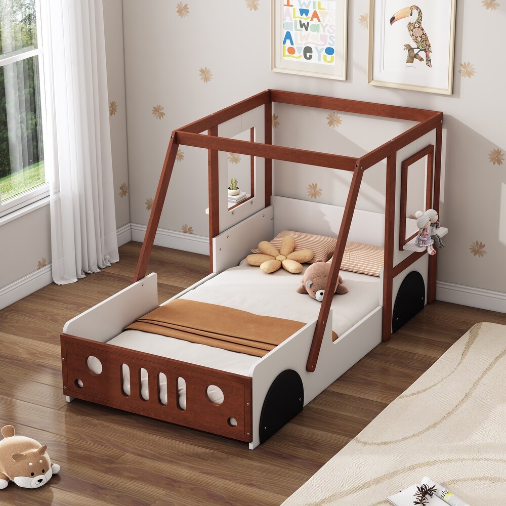 Brown/White Twin Size Car Shaped Platform Bed  Wooden Kids Floor Bed