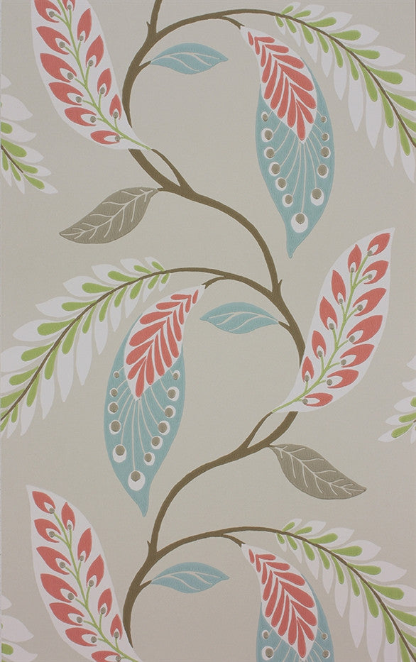 Fontibre Wallpaper in Aqua and Coral Red by Nina Campbell for Osborne & Little