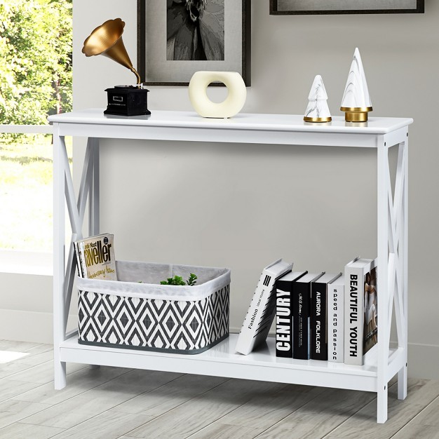 Costway 2 tier Console Table X design Bookshelf Sofa Side Accent Table W shelf White Black espresso wood Grain