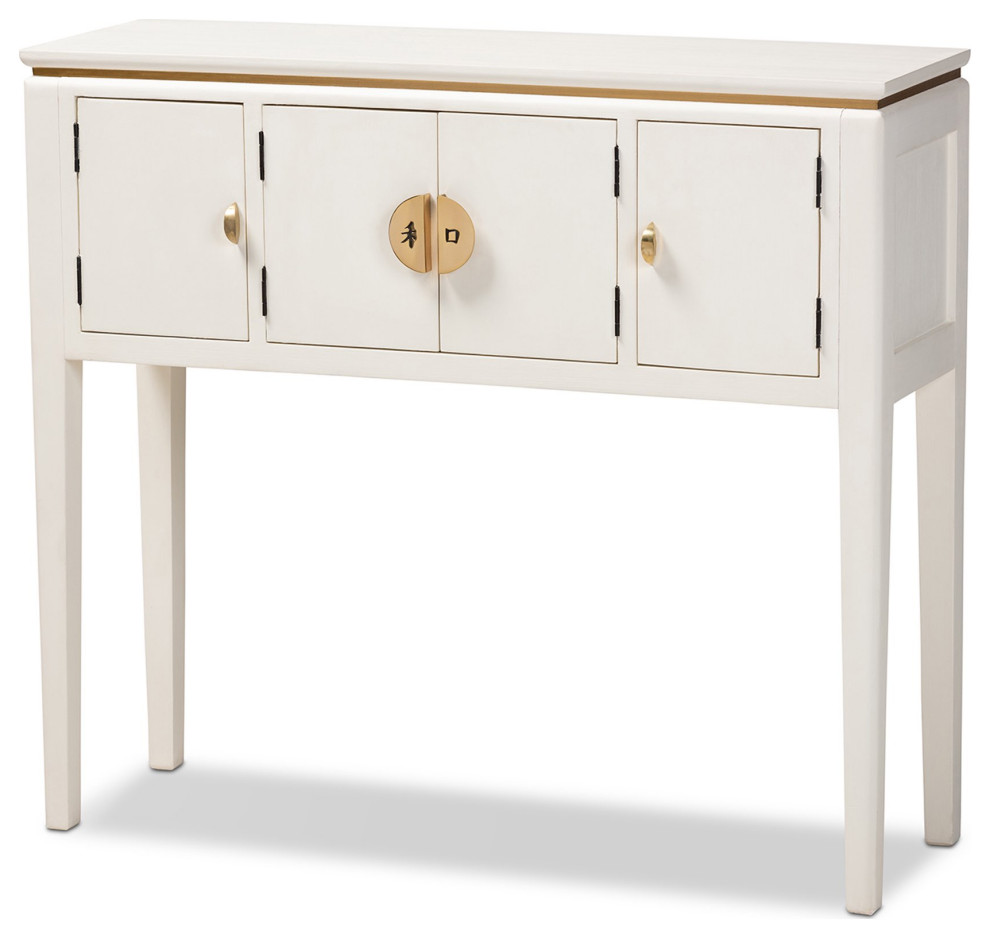 Classic Console Table  Japanese Inspired With 4 Cabinet Doors  ampGold Pull  White   Asian   Console Tables   by Decor Love  Houzz