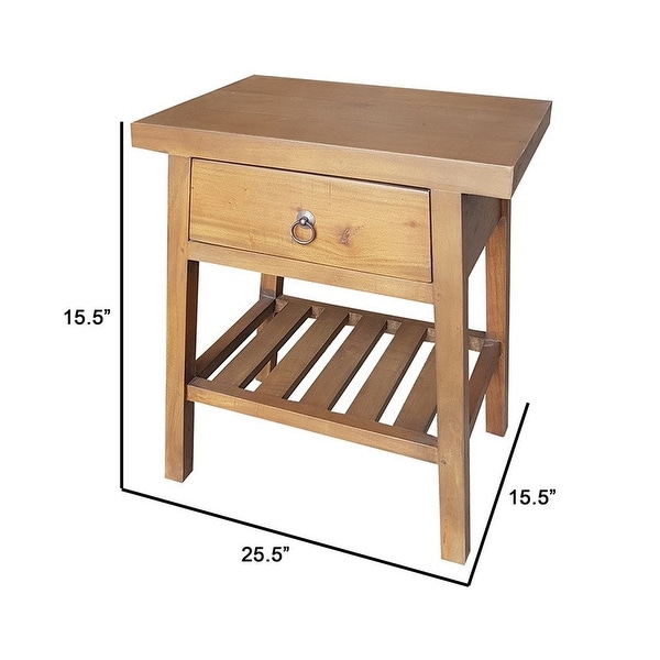 26 Inch Side Table， Classic Look， Drawer， Slatted Shelf， Modern Wood Brown - 15.5 H x 15.5 W x 25.5 L Inches