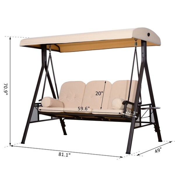 Outsunny Outdoor Patio 3Person Canopy Cushioned Seat Bench Swing with Included Side Trays and Padded Comfort