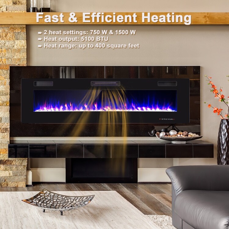 Sleek 68 Inch Ultra Thin Recessed Wall Mounted Electric Fireplace with Crystal Log Decoration   68\