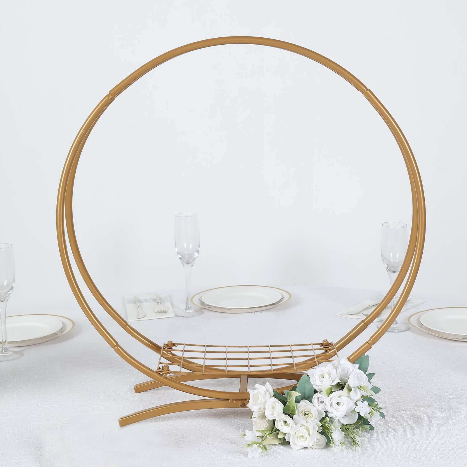 Gold Metal Double Frame Hoop Flower Table Centerpiece, Wedding Cake Display Stand 24