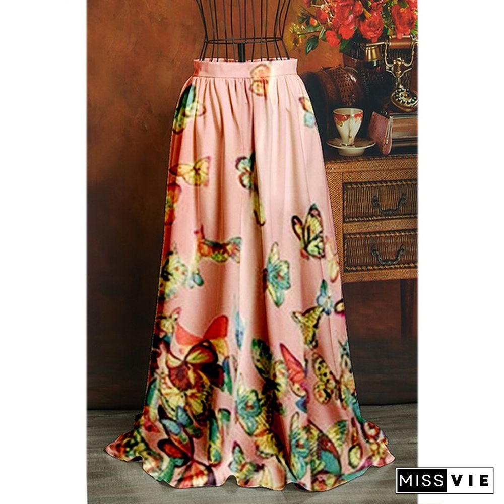 New Style Women Fashion Long Length Butterfly Printed Bohemian Style Vintage Pleated Skirts Summer Long Skirt