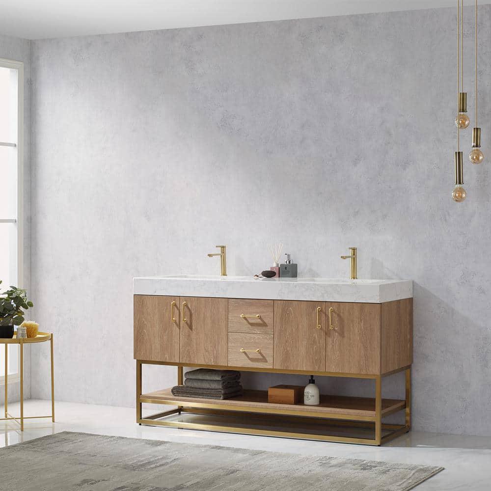 ROSWELL Alistair 60 in Bath Vanity in North American Oak with Grain Stone Top in White with White Basin