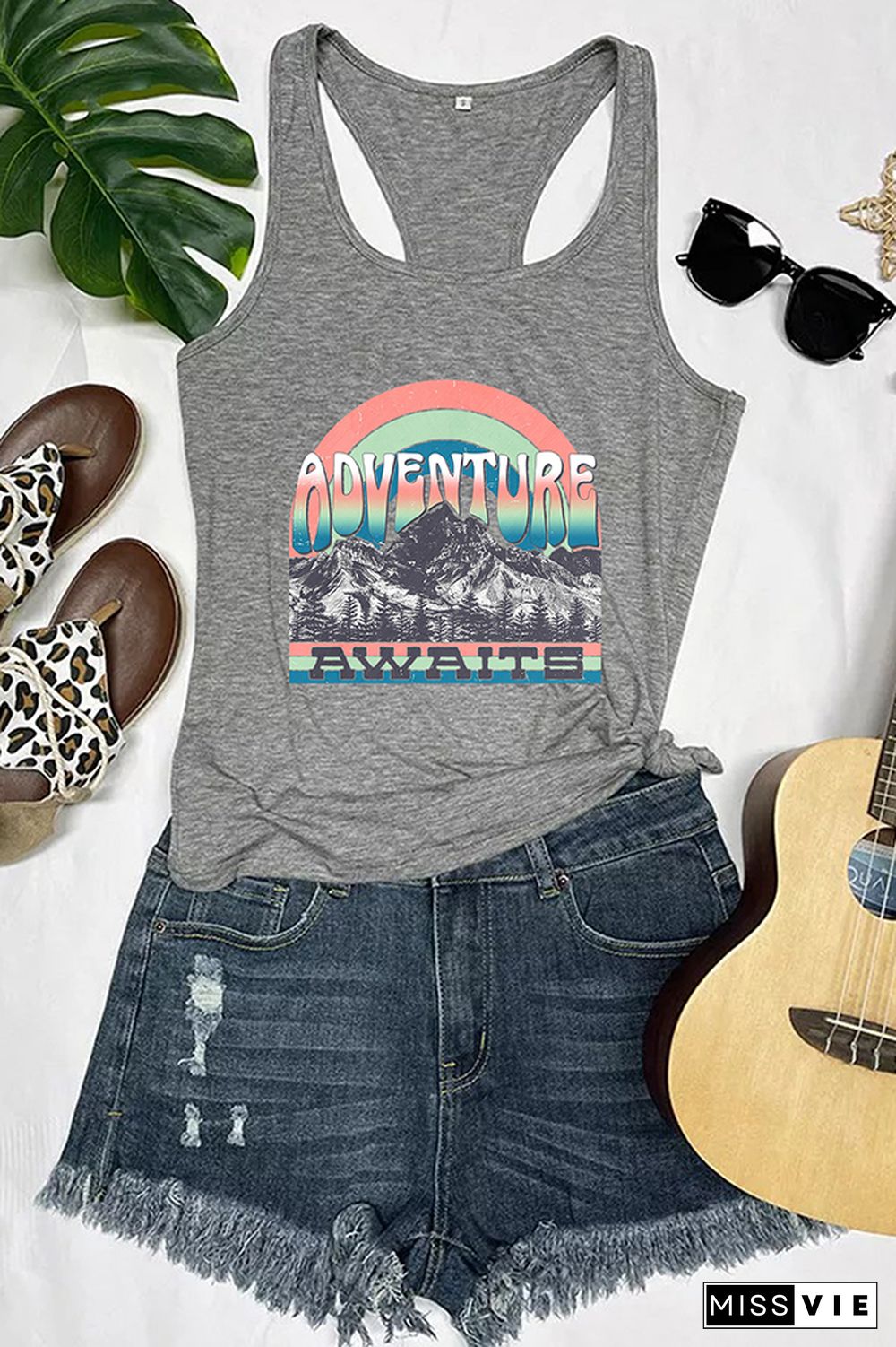 Adventure Awaits Mountains Blue Print Sleeveless Tank Top Wholesale