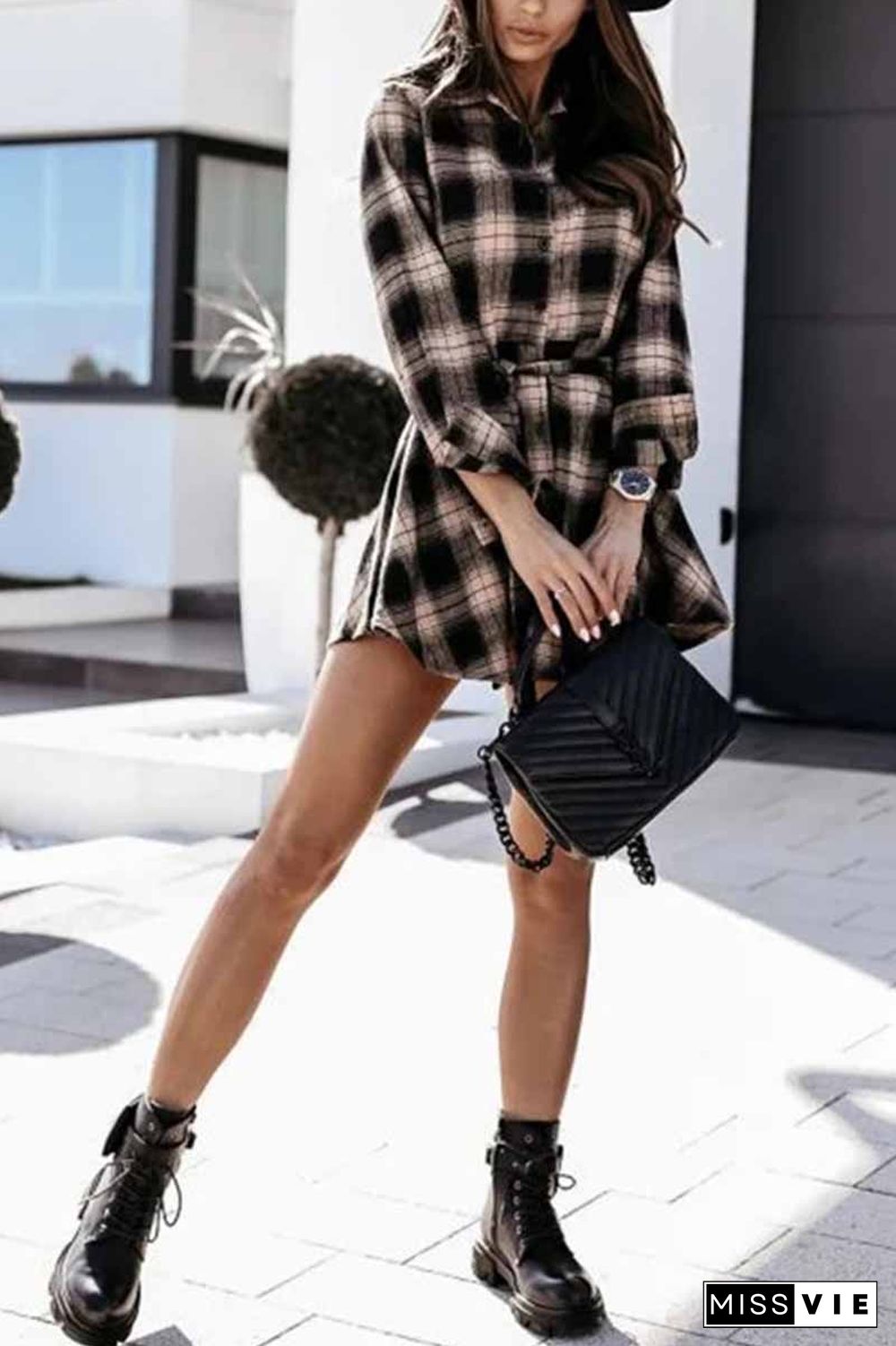 Long Sleeve Plaid Shirt Mini Dress