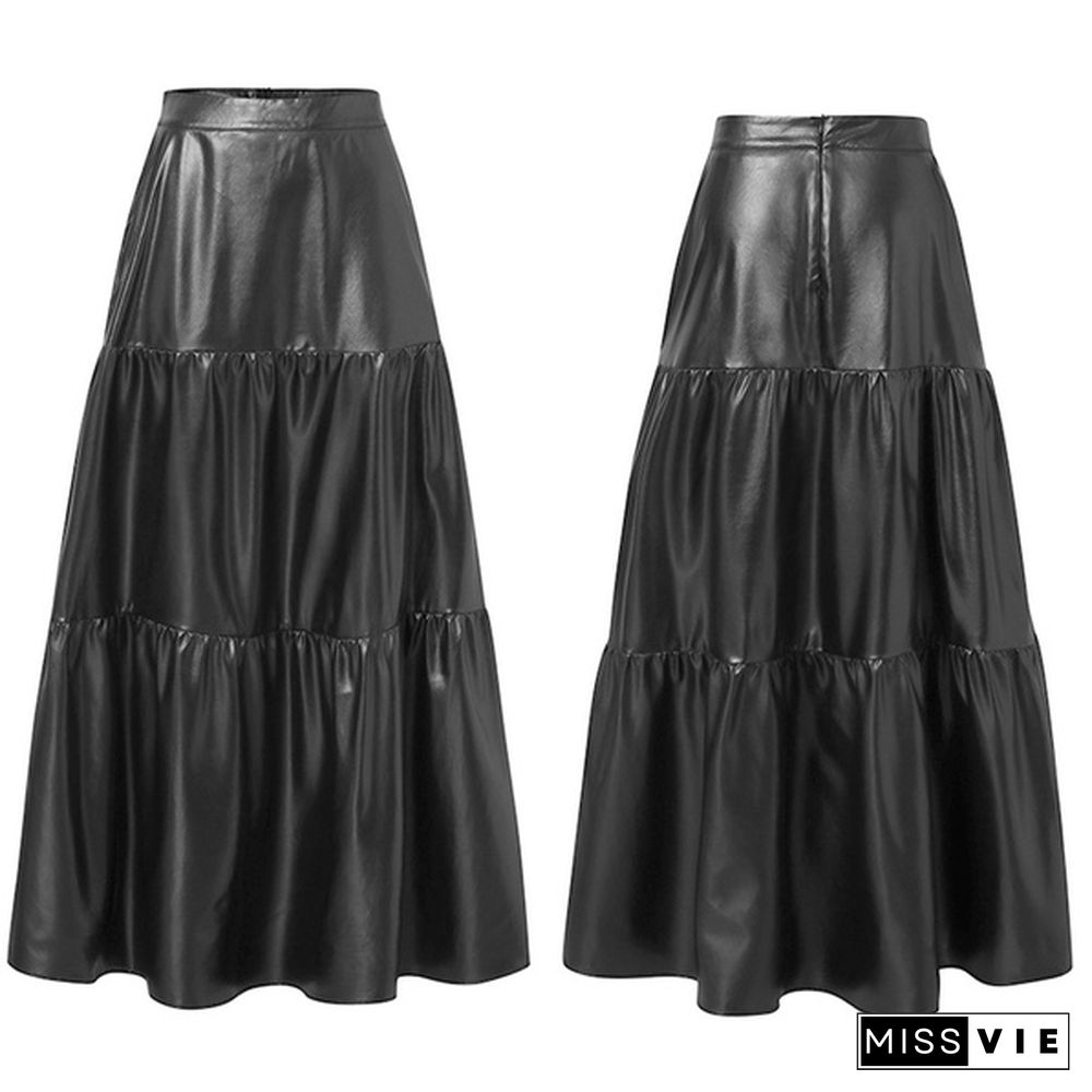 Plus Size Womens Leather Long Skirt Dress High Waist Party Casual Pleated Umbrella Maxi Skirt Saias S-5Xl