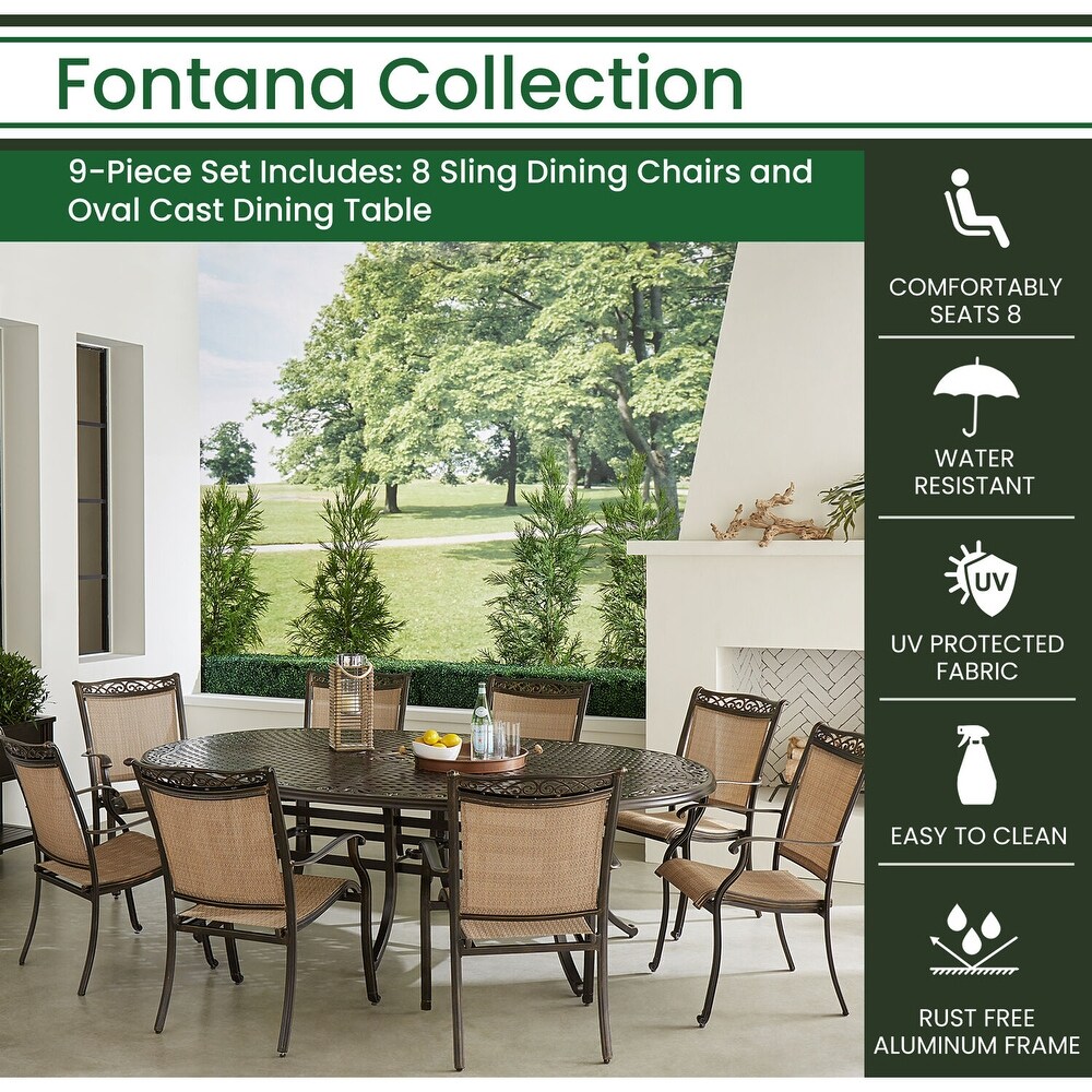 Hanover Fontana 9 Piece Outdoor Dining Set with 8 Sling Dining Chairs and 95 in. x 60 in. Oval Cast Top Dining Table