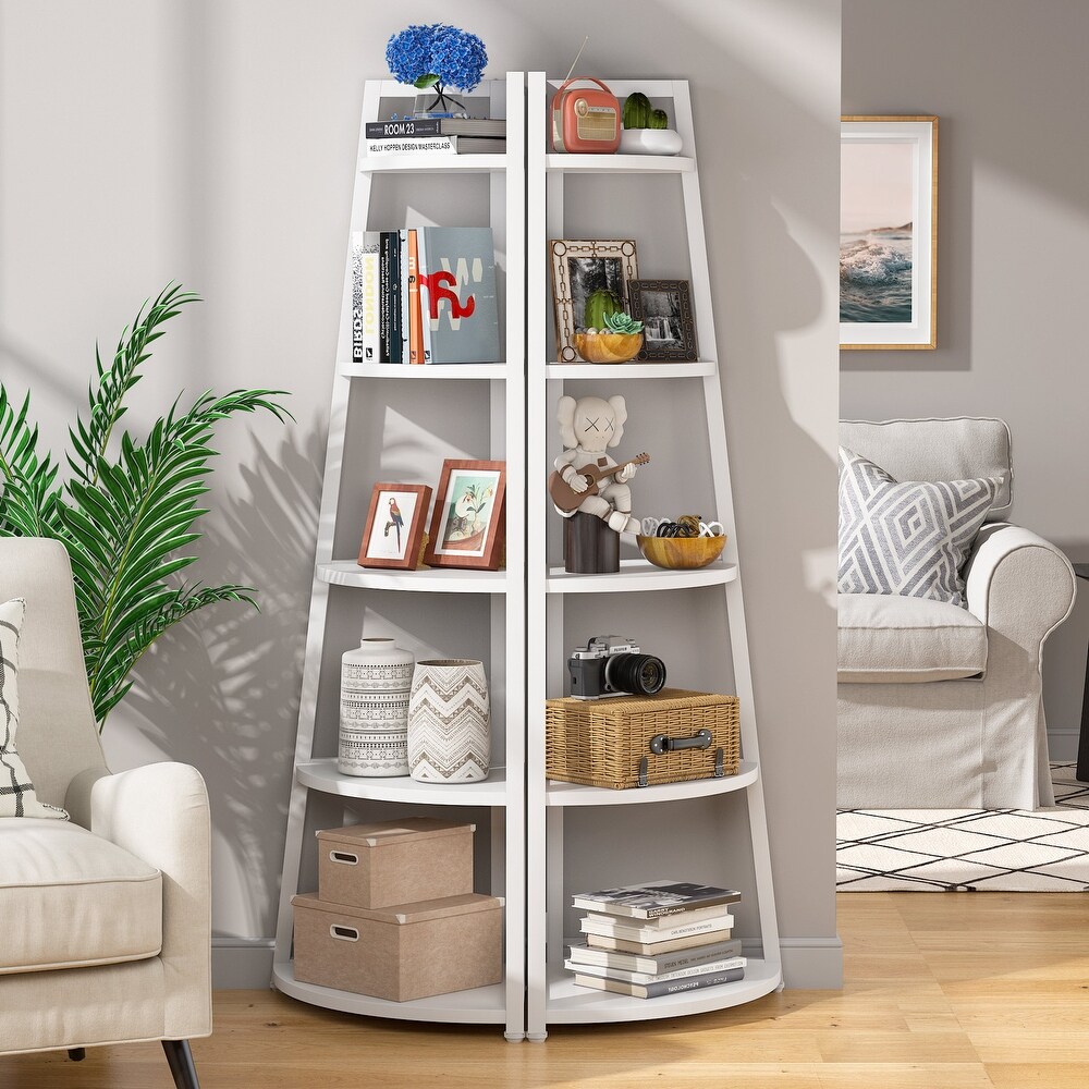 Brown/ Black Corner Ladder Shelf 5 Tier Corner Bookshelf Bookcase  White/ Gold 70 Inch Tall Display Rack for Small Space