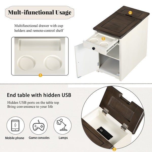 1-Drawer Solid Wood End Table with USB Ports