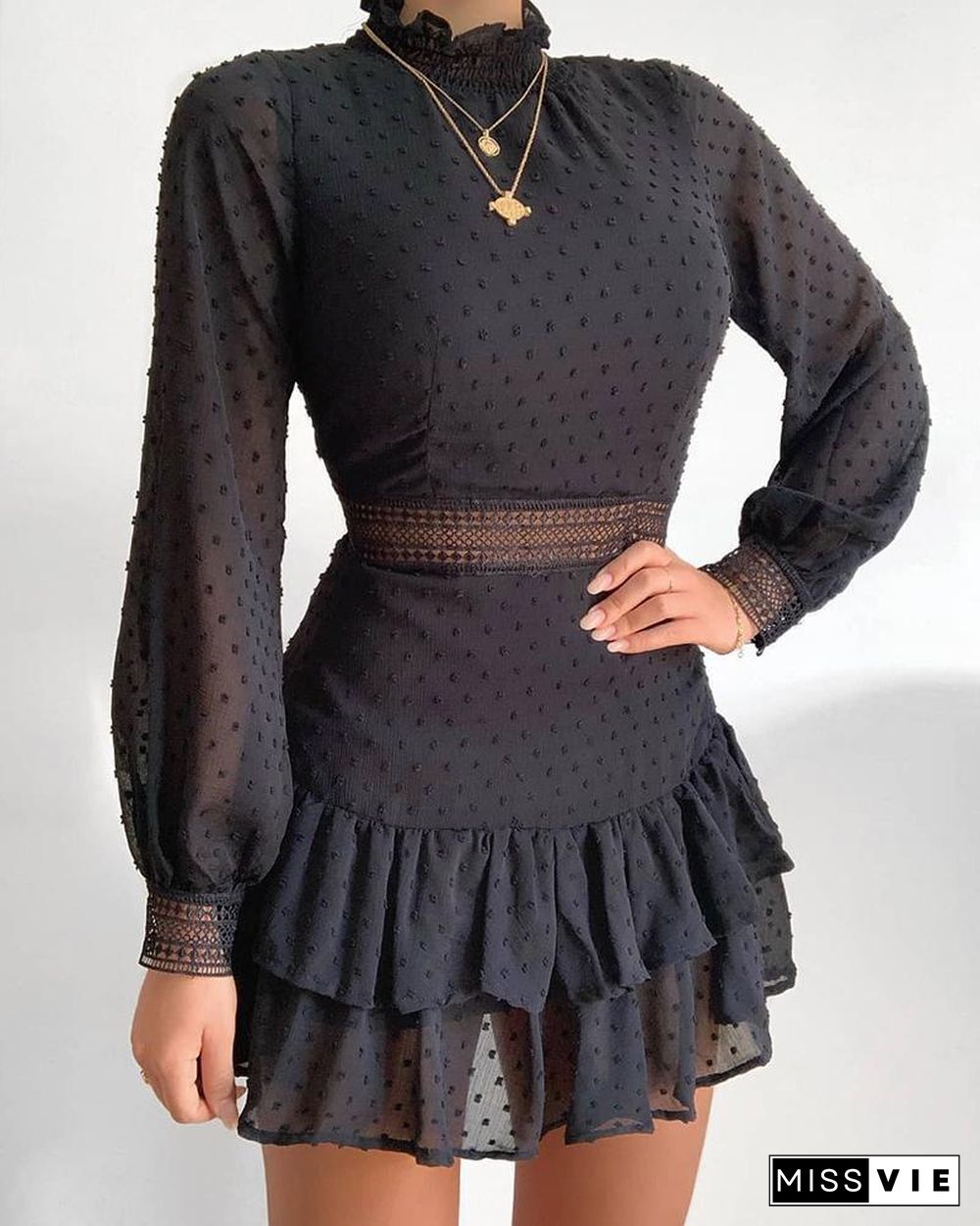 Swiss Dot Guipure Lace Lantern Sleeve Ruffles Dress P15854