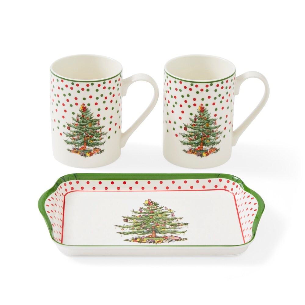 Pimpernel Christmas Tree Polka Dot Set of 2 Mugs and Tray