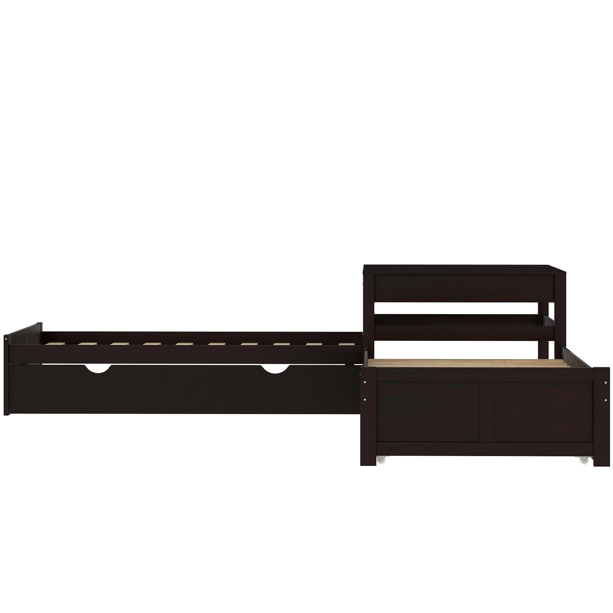 Euroco Twin L-Shaped Platform Bed with Square Table for Kids Bedroom, Espresso