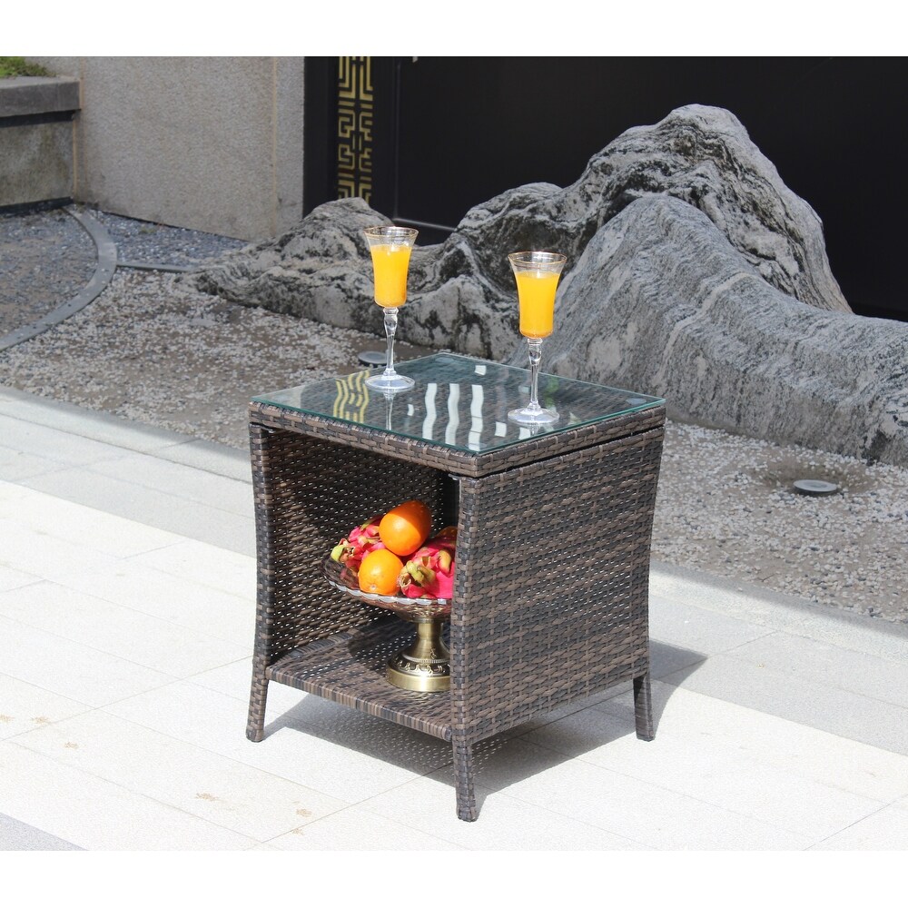 Outdoor Patio Coffee Table Brown Wicker Side Table with Tempered Glass Tabletop and 1 Shelf Tbale for Outdoor Garden